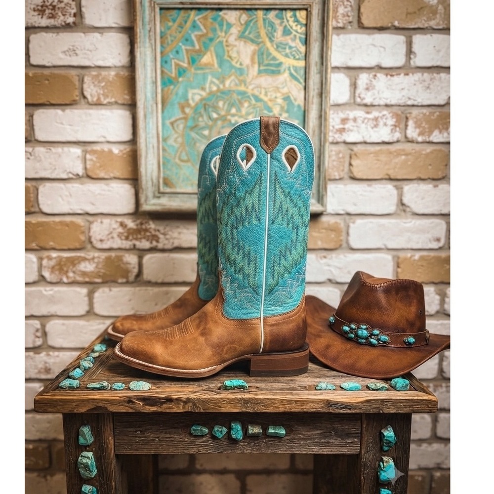 Nocona Boho Turquoise Blue Brown Leather Square Toe Western Boots  festival 7‎